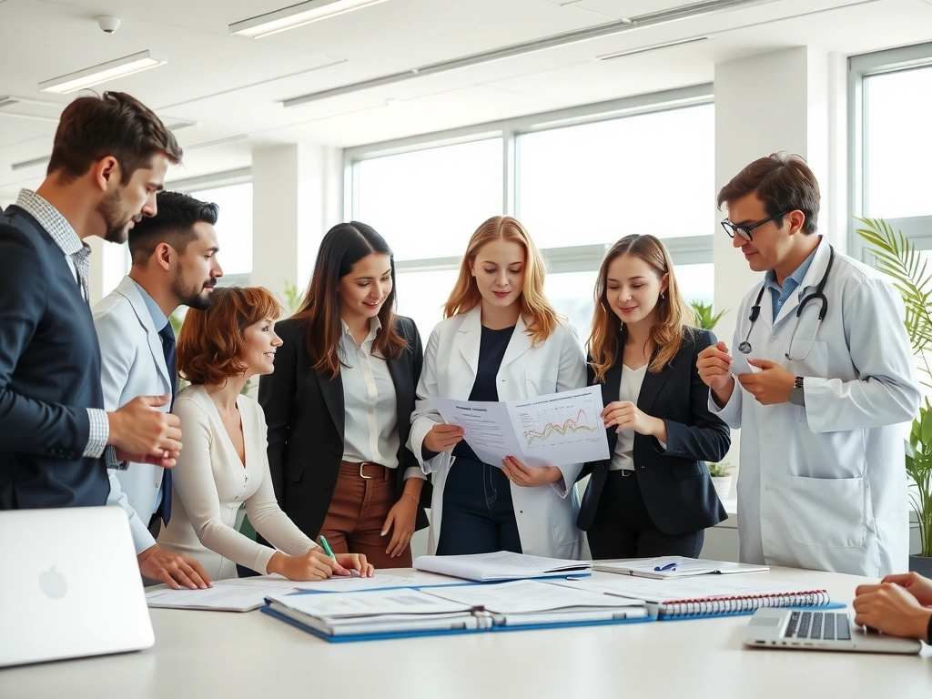 A diverse group of professionals collaborating in a bright, modern office space, symbolizing teamwork and expertise.