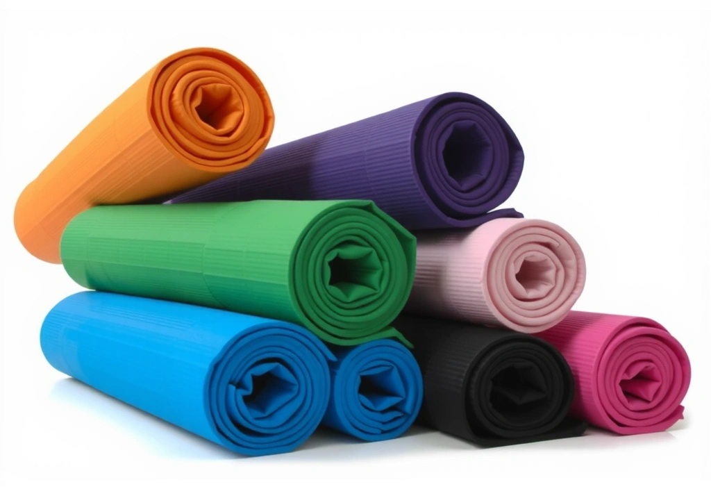 A variety of colorful yoga mats rolled up, symbolizing wellness and fitness.