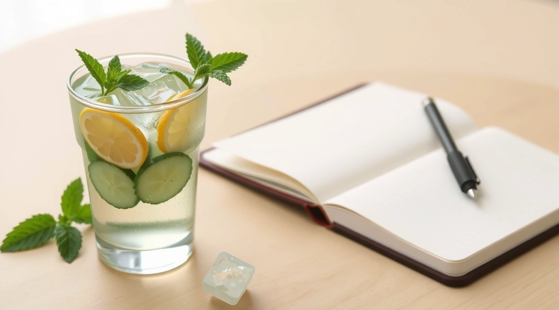 A glass of detox water with lemon, cucumber, and mint, next to a journal and pen.