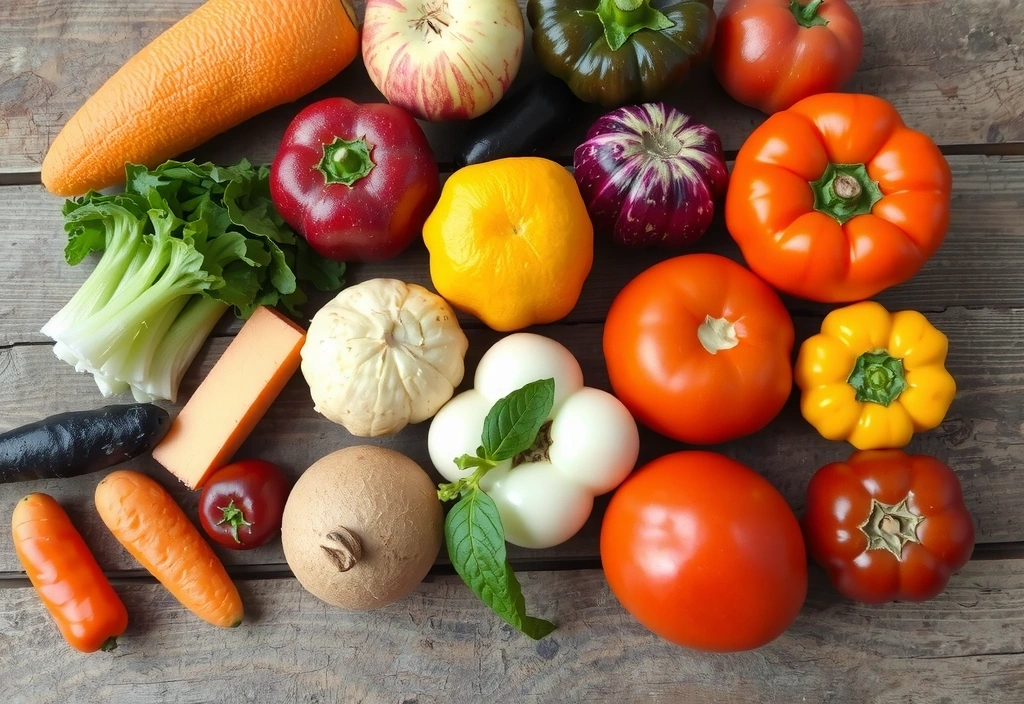A colorful array of fresh, organic vegetables and fruits on a wooden table.