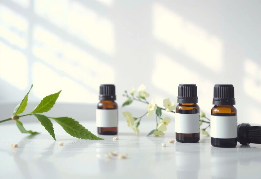 A tranquil scene of essential oils in small bottles with botanical elements.