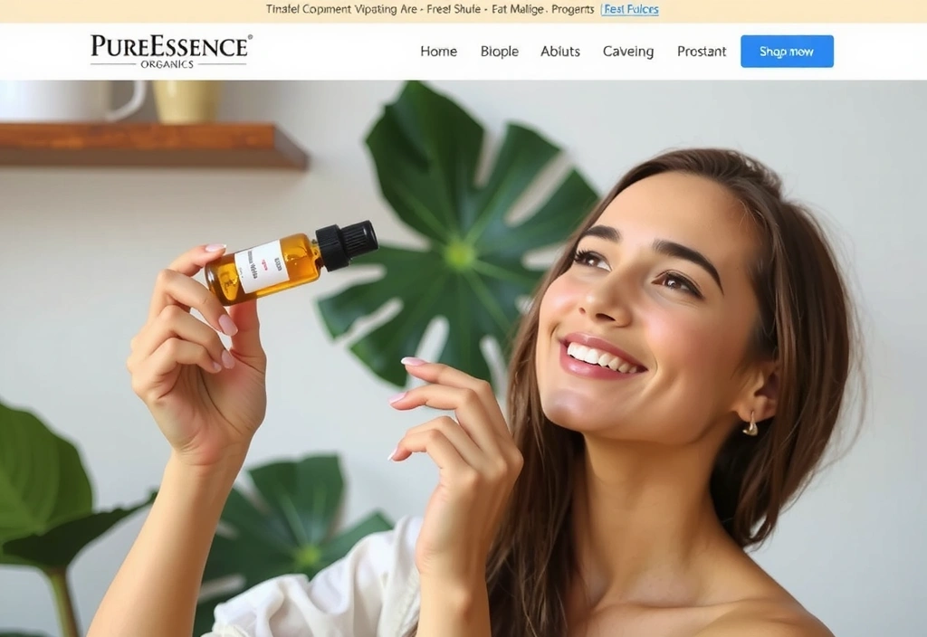 A woman applying a natural face serum, with glowing skin and a gentle smile.