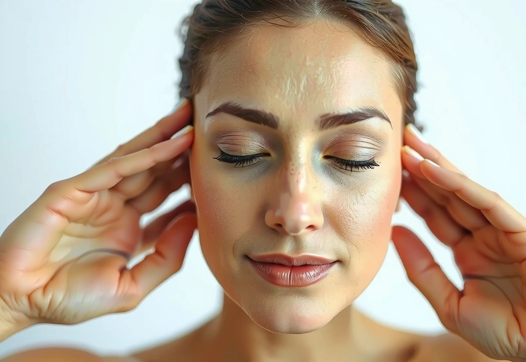 A serene woman practicing facial yoga, emphasizing natural beauty and anti-aging.
