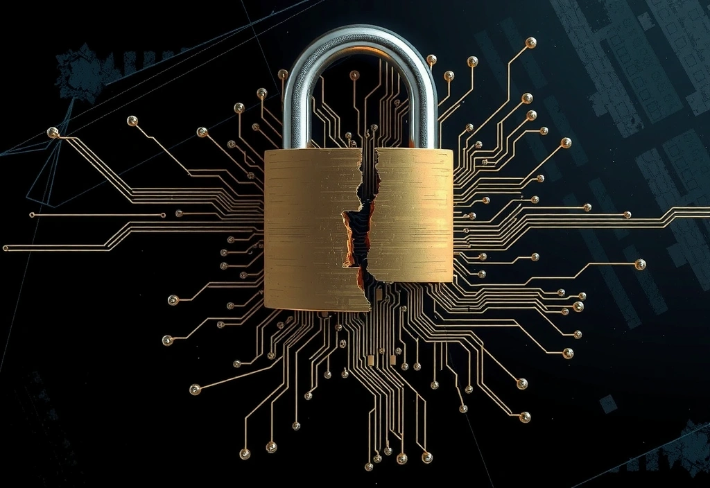 A broken padlock and circuit board, symbolizing system vulnerabilities or disclaimers